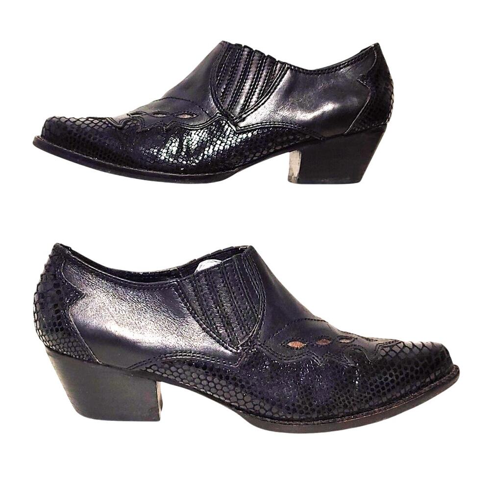 Reba Pointed Toe Western Boots Cut Out Block Heel Black Leather Womens Size 6